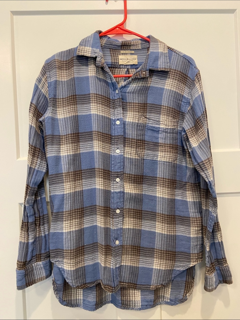 Sz M Ralph Lauren Blue and Brown Plaid Button-Down Shirt Boyfriend Fit Cotton